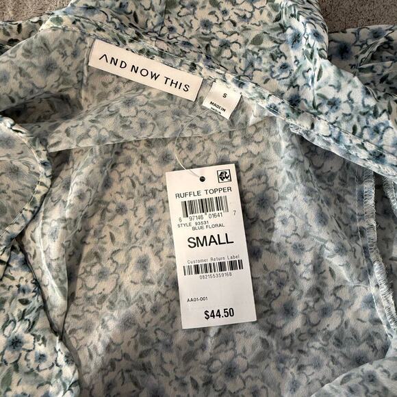 Women's Floral Print Ruffle Topper Tie-Waist Bell-Sleeve Top, Blue, S - Picture 3 of 6